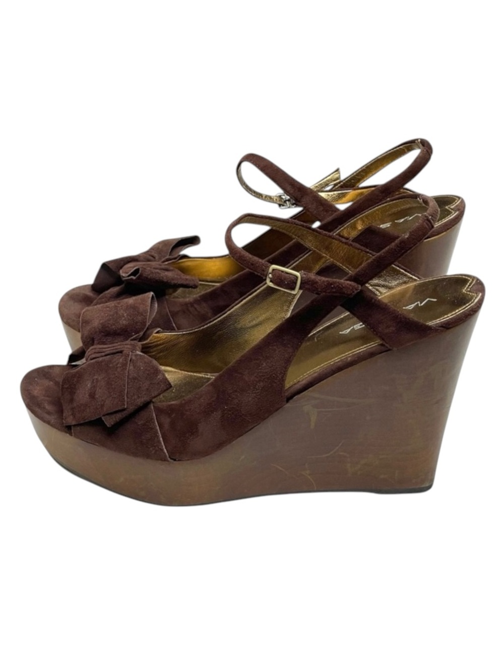 new Via Spiga ✽ Wood Wedge Platform Heel Bow Sandals ✽ Chocolate Suede ✽ 10.5M ✽ - Picture 8 of 16